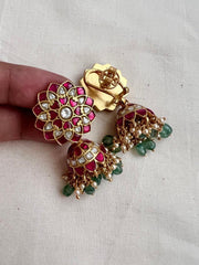 Kundan & ruby jhumkas with pearls and jade beads-Earrings-CI-House of Taamara