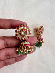 Kundan & ruby jhumkas with pearls and jade beads-Earrings-CI-House of Taamara