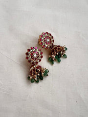 Kundan & ruby jhumkas with pearls and jade beads-Earrings-CI-House of Taamara