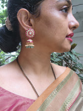 Kundan & ruby jhumkas with pearls and jade beads-Earrings-CI-House of Taamara