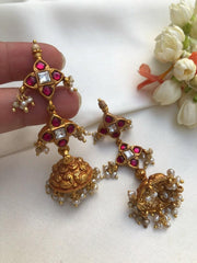 Kundan ruby jhumkas with pearls bunch-Earrings-PL-House of Taamara