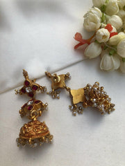 Kundan ruby jhumkas with pearls bunch-Earrings-PL-House of Taamara
