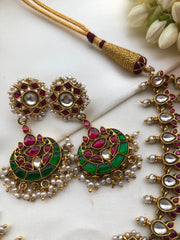 Kundan & ruby maatapatti with earrings, SET-Silver Neckpiece-PL-House of Taamara