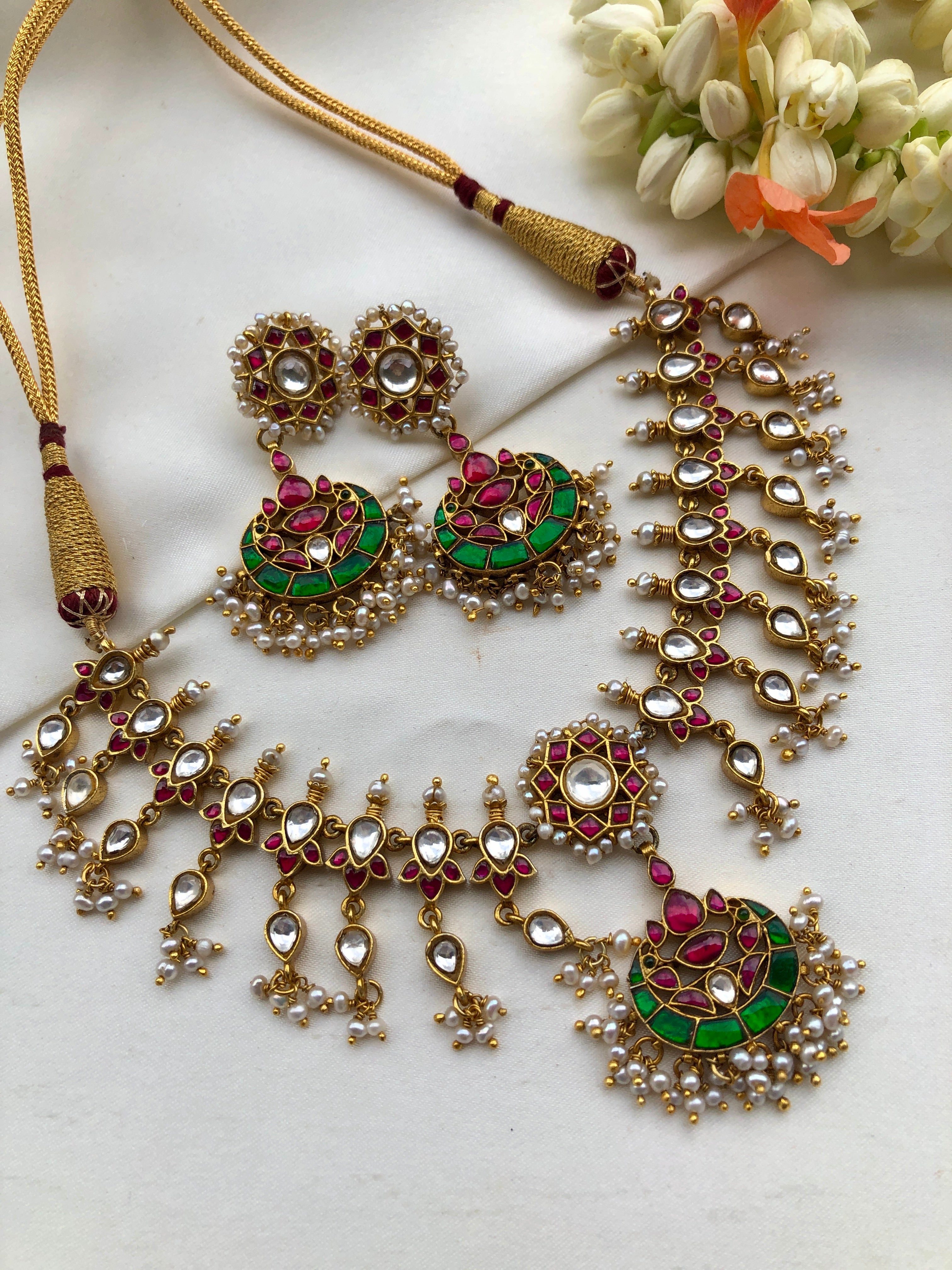 Kundan & ruby maatapatti with earrings, SET-Silver Neckpiece-PL-House of Taamara