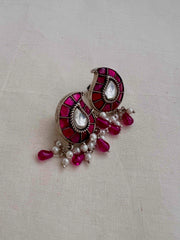 Kundan & ruby paisley studs with pearls-Earrings-CI-House of Taamara