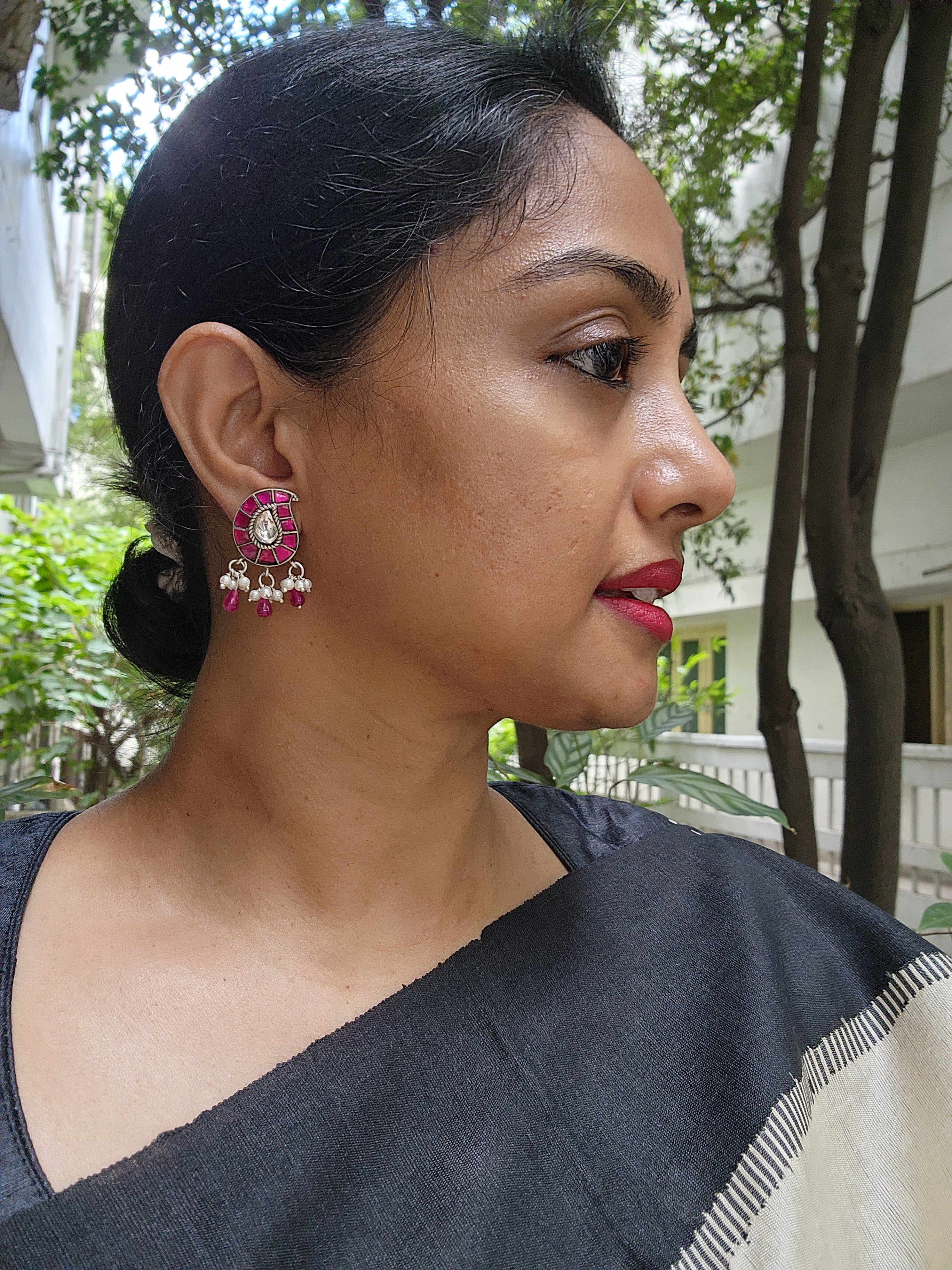 Kundan & ruby paisley studs with pearls-Earrings-CI-House of Taamara