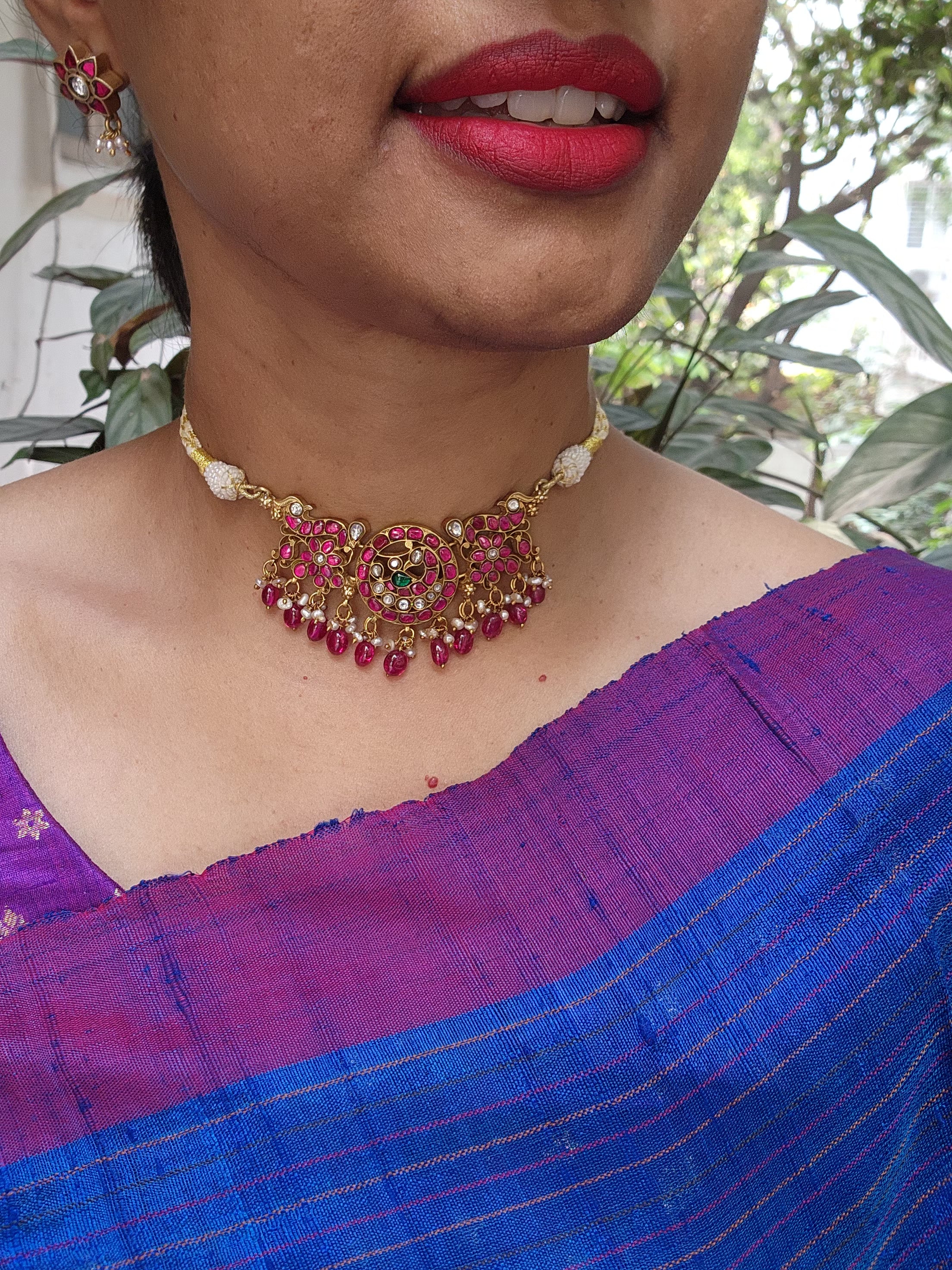 Kundan & ruby peacock choker with pearls and ruby beads-Silver Neckpiece-CI-House of Taamara