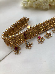 Kundan ruby & pearls drops with antique polish choker-Silver Neckpiece-PL-House of Taamara