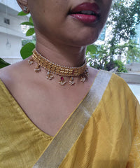 Kundan ruby & pearls drops with antique polish choker-Silver Neckpiece-PL-House of Taamara