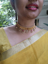 Kundan ruby & pearls drops with antique polish choker-Silver Neckpiece-PL-House of Taamara