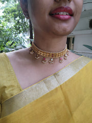 Kundan ruby & pearls drops with antique polish choker-Silver Neckpiece-PL-House of Taamara