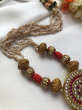 Kundan ruby pendant with antique beads, pearls & coral necklace-Silver Neckpiece-PL-House of Taamara