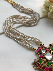 Kundan ruby pendant with pearls mala-Silver Neckpiece-PL-House of Taamara