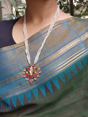 Kundan ruby pendant with pearls mala-Silver Neckpiece-PL-House of Taamara