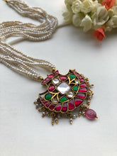 Kundan ruby pendant with pearls mala-Silver Neckpiece-PL-House of Taamara