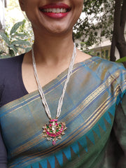 Kundan ruby pendant with pearls mala-Silver Neckpiece-PL-House of Taamara