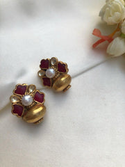 Kundan ruby studs with antique style beads-Earrings-PL-House of Taamara