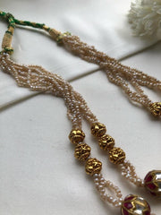 Kundan ruby & textured gold beads and pearls necklace-Silver Neckpiece-PL-House of Taamara