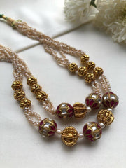 Kundan ruby & textured gold beads and pearls necklace-Silver Neckpiece-PL-House of Taamara