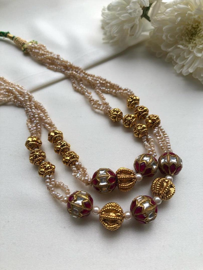 Kundan ruby & textured gold beads and pearls necklace-Silver Neckpiece-PL-House of Taamara