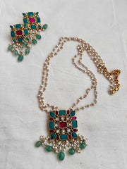 Kundan, ruby & turquoise pendant chain with pearls & jade beads, SET-Silver Neckpiece-CI-House of Taamara
