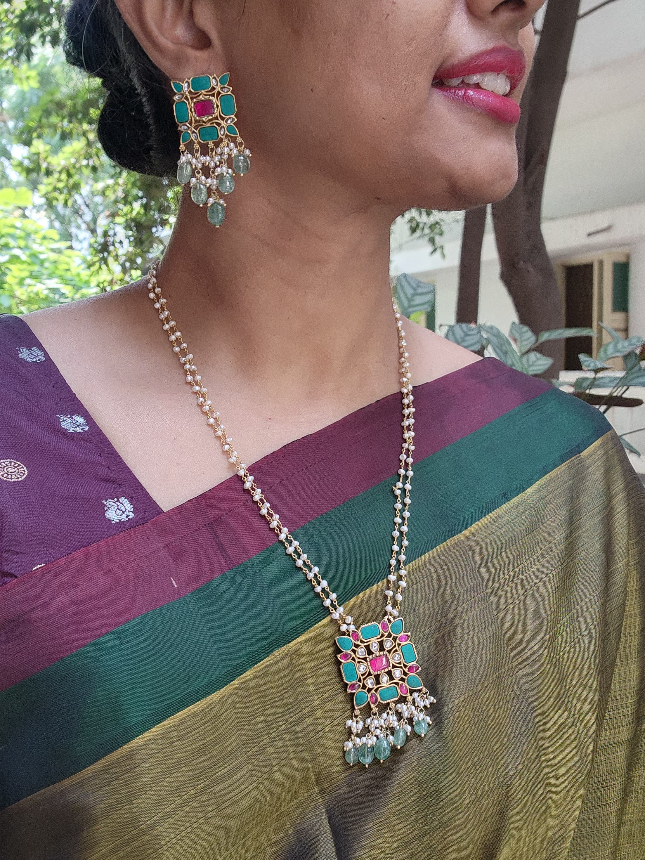 Kundan, ruby & turquoise pendant chain with pearls & jade beads, SET-Silver Neckpiece-CI-House of Taamara