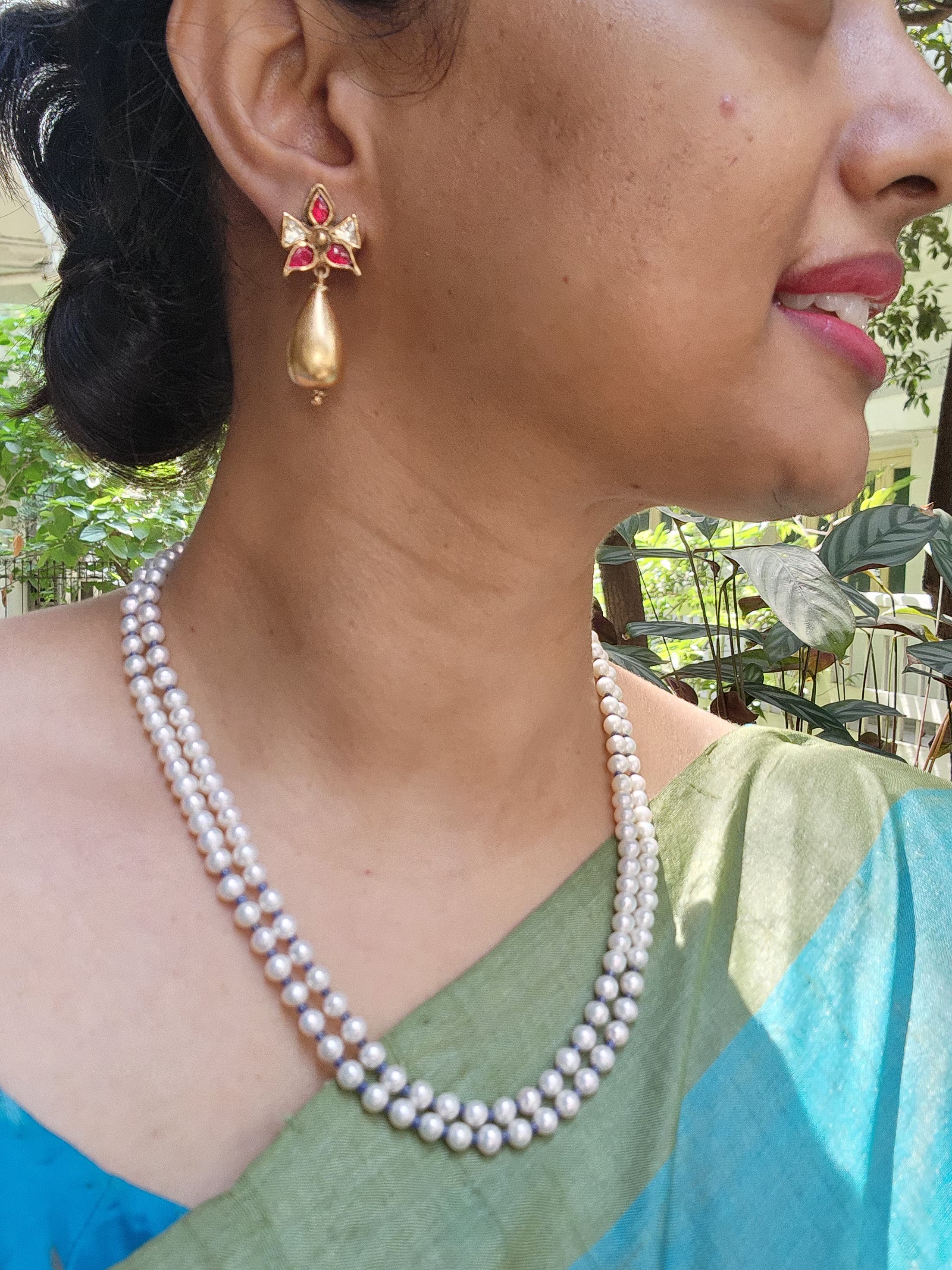 Kundan ruby with antique style drop bead-Earrings-PL-House of Taamara