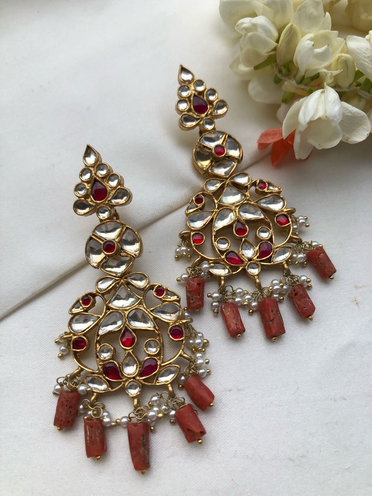 Kundan ruby with coral beads hangings-Earrings-PL-House of Taamara