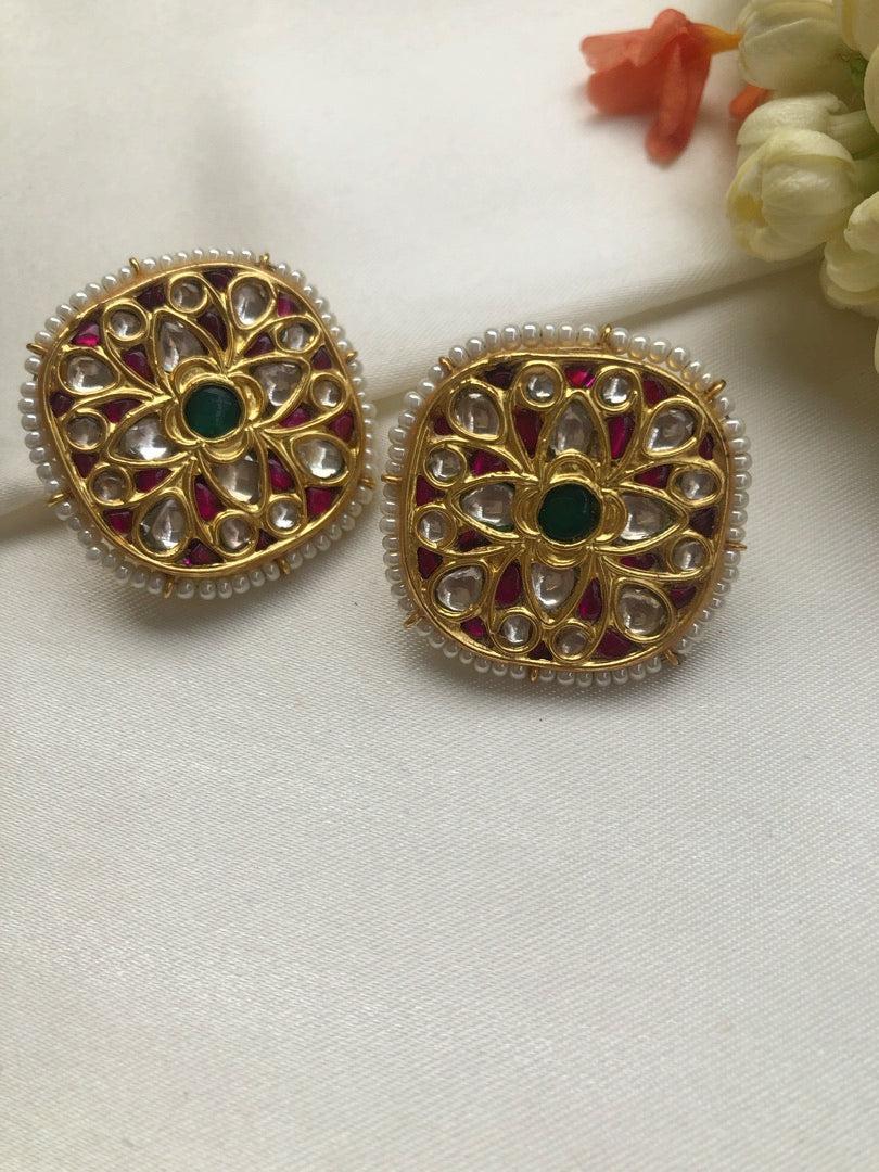 Kundan square earrings with pearls around-Earrings-PL-House of Taamara