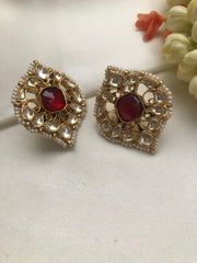Kundan square ruby earrings-Earrings-PL-House of Taamara