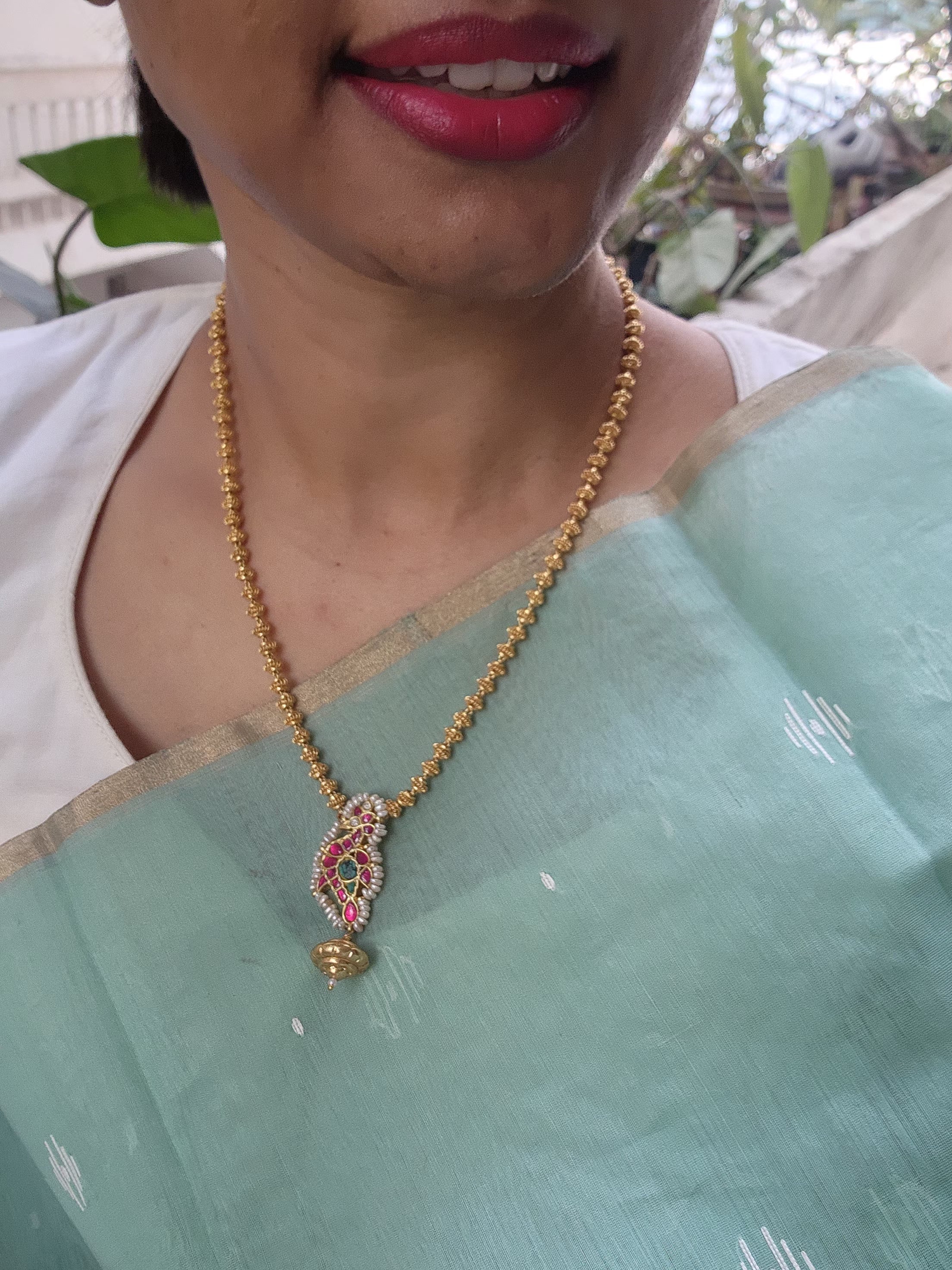 Kundan turquoise and ruby pendant with tussi chain-Silver Neckpiece-PL-House of Taamara