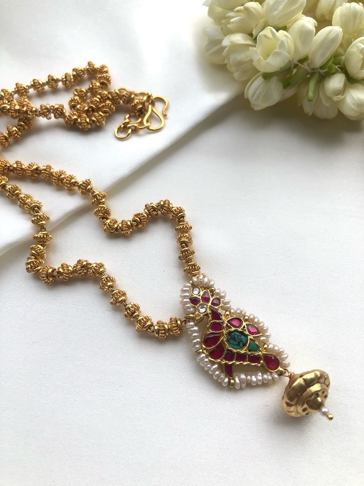 Kundan turquoise and ruby pendant with tussi chain-Silver Neckpiece-PL-House of Taamara