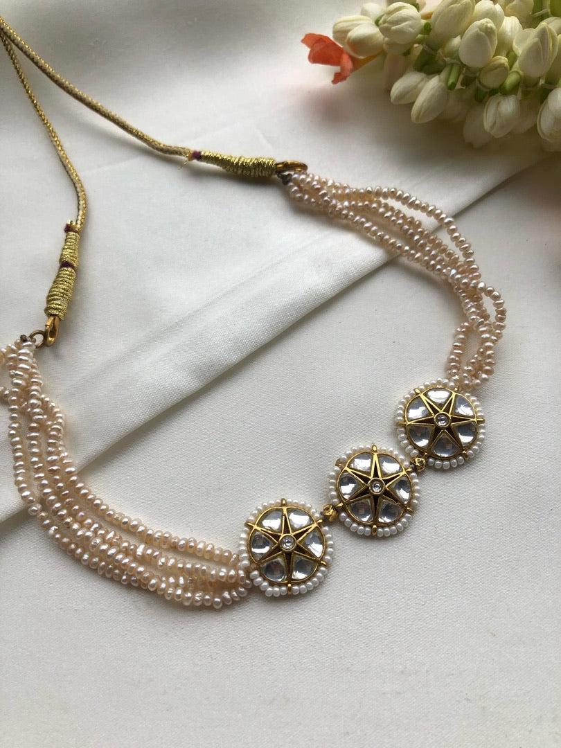 Kundan with antique pearls choker-Silver Neckpiece-PL-House of Taamara
