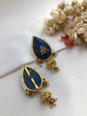 Lapis carved stone with kundan inlay work & pearls bunch-Earrings-PL-House of Taamara