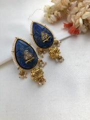 Lapis carved stone with kundan inlay work & pearls bunch-Earrings-PL-House of Taamara