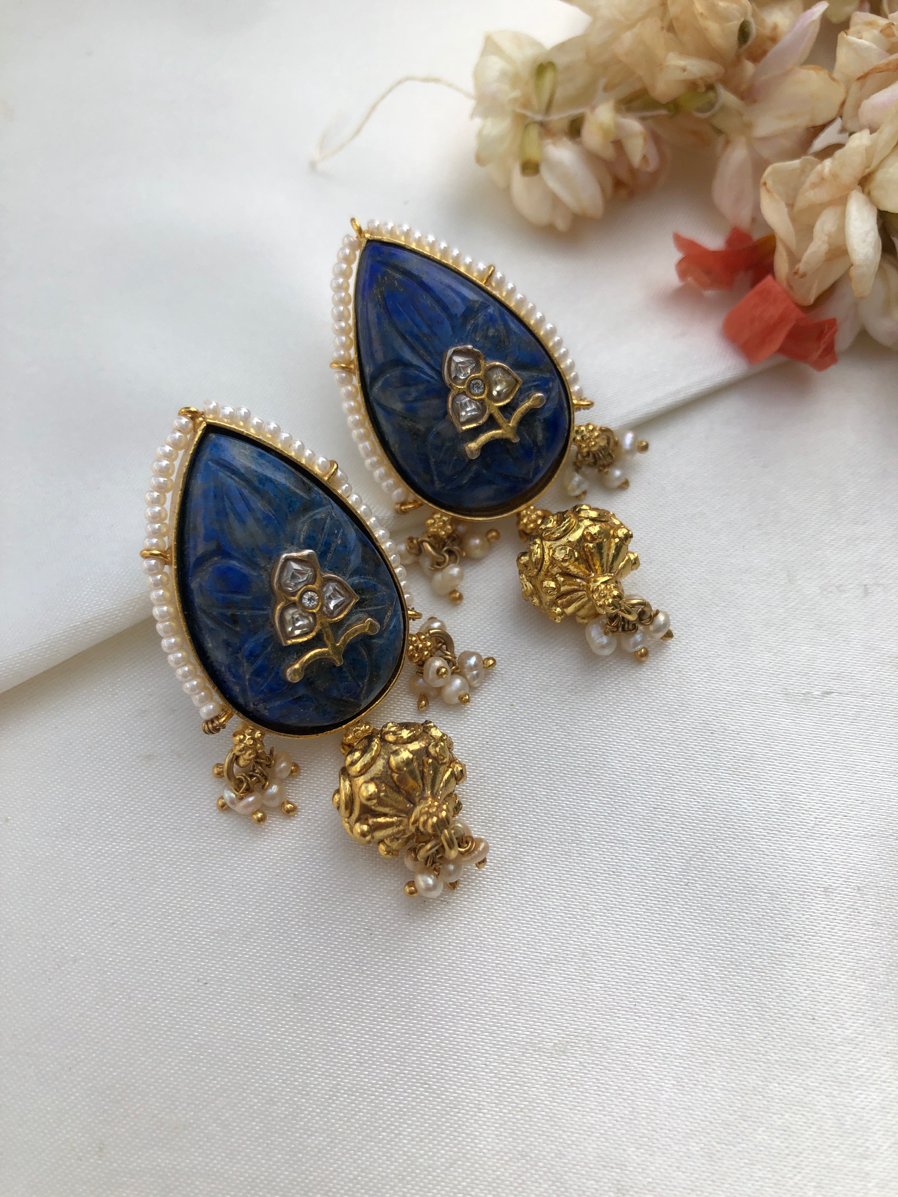 Lapis carved stone with kundan inlay work & pearls bunch-Earrings-PL-House of Taamara
