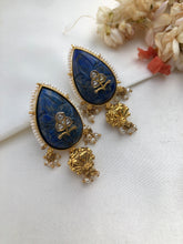 Lapis carved stone with kundan inlay work & pearls bunch-Earrings-PL-House of Taamara