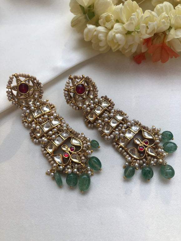 Long kundan earrings with pearls & green beads-Earrings-PL-House of Taamara