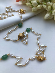 Long rice pearl mala with green and antique beads single line long 30 "-Silver Neckpiece-PL-House of Taamara