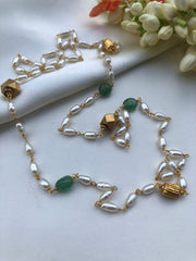 Long rice pearl mala with green and antique beads single line long 30 "-Silver Neckpiece-PL-House of Taamara