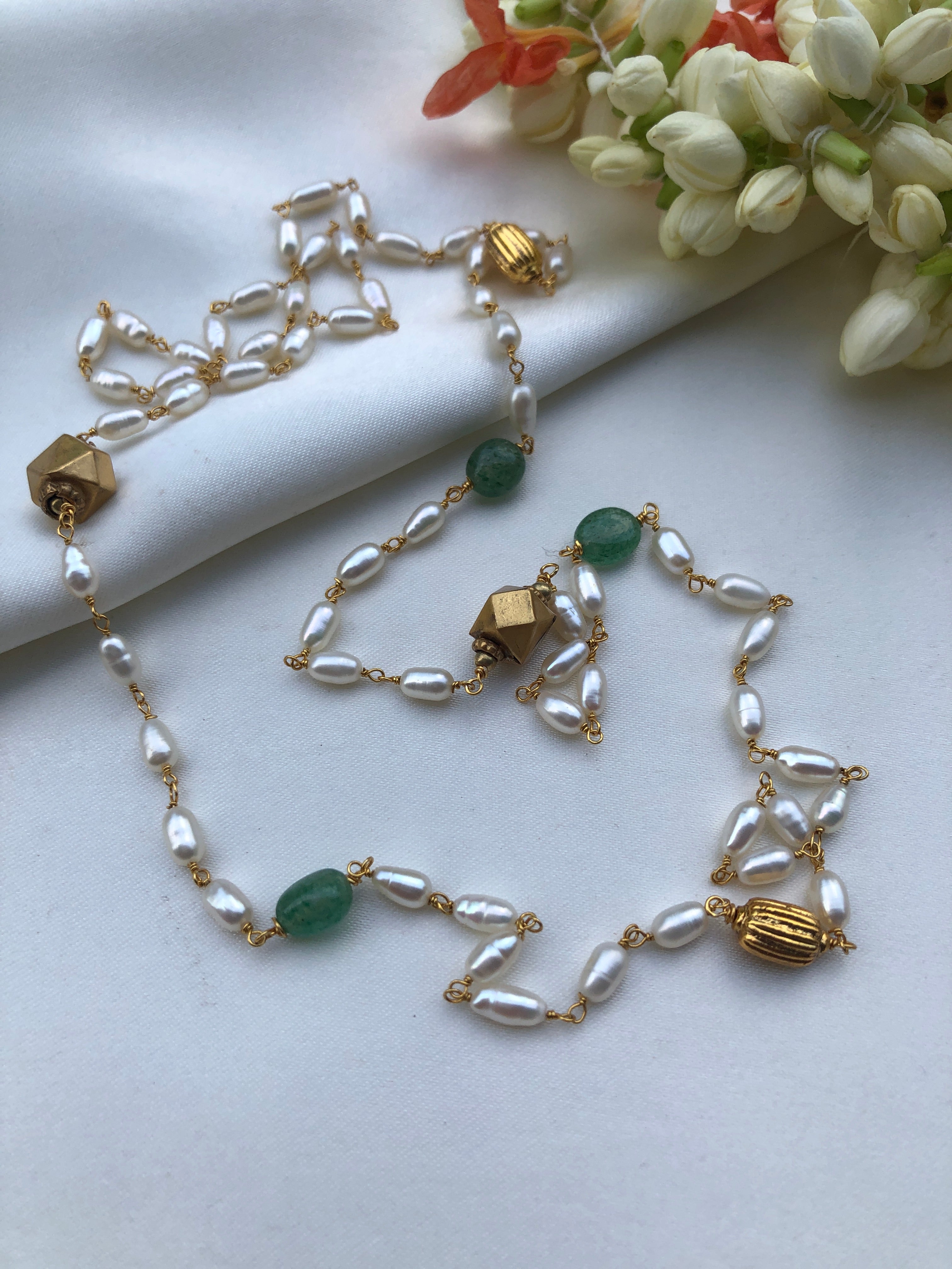 Long rice pearl mala with green and antique beads single line long 30 "-Silver Neckpiece-PL-House of Taamara