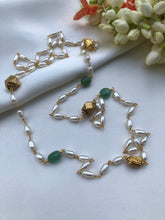 Long rice pearl mala with green and antique beads single line long 30 "-Silver Neckpiece-PL-House of Taamara