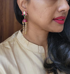 Lotus earrings with jhumkas with pearls long earrings-Earrings-PL-House of Taamara