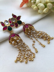 Lotus earrings with jhumkas with pearls long earrings-Earrings-PL-House of Taamara