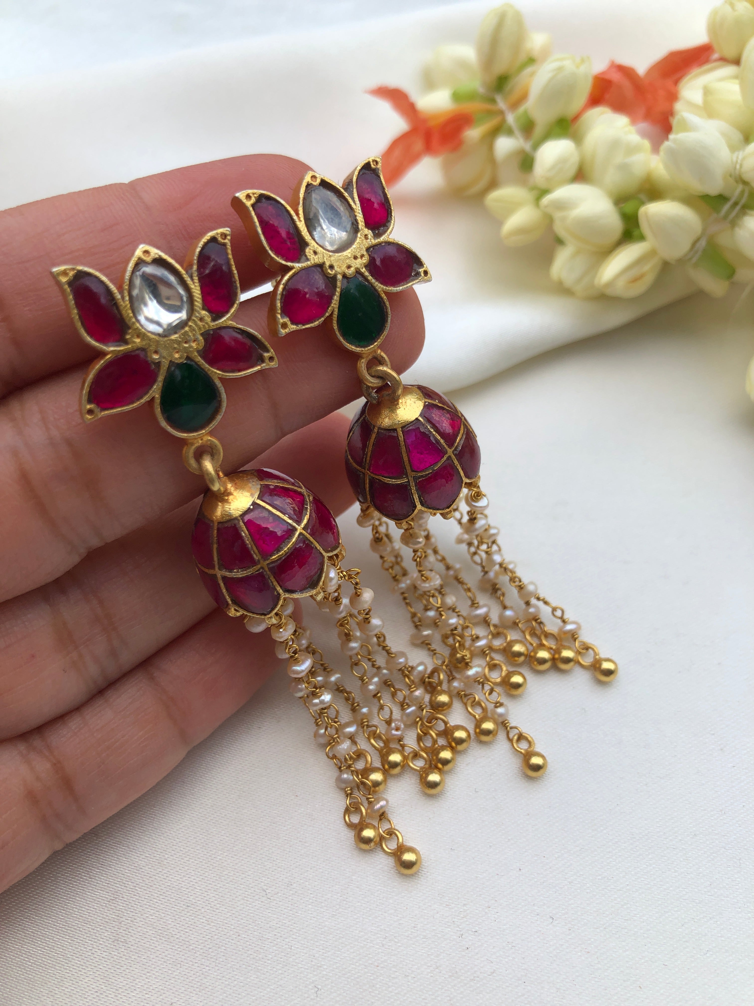 Lotus earrings with jhumkas with pearls long earrings-Earrings-PL-House of Taamara