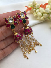Lotus earrings with jhumkas with pearls long earrings-Earrings-PL-House of Taamara
