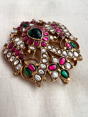(Made To Order) Gold Polish Kundan, Ruby & Emerald Gandaberunda Brooch-Silver Neckpiece-CI-House of Taamara
