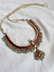 (Made To Order) Gold polish kundan & ruby choker with pearls and green onyx beads-Silver Neckpiece-CI-House of Taamara