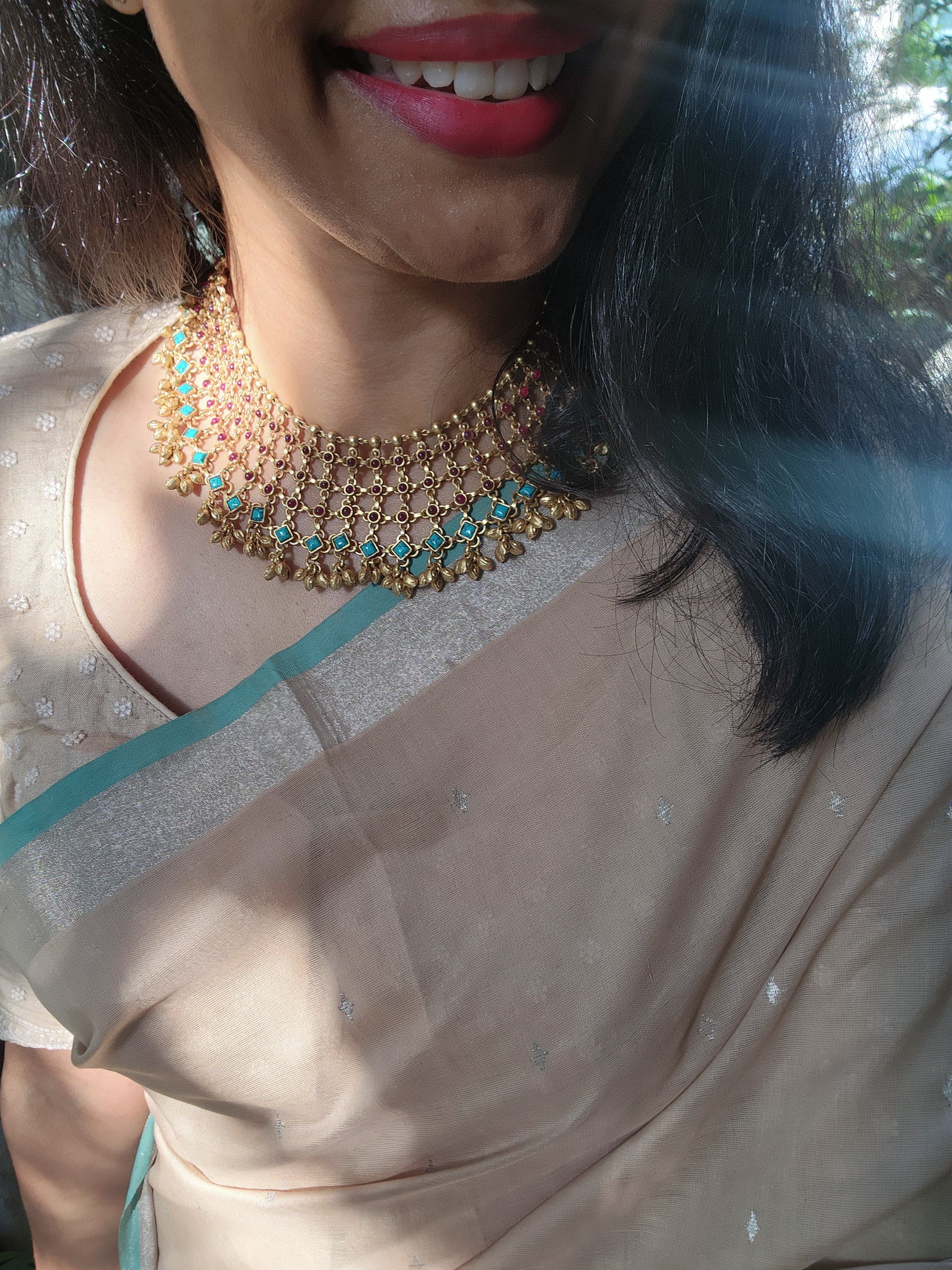 (Made To Order) Gold polish statement ruby & turquoise necklace-Silver Neckpiece-CI-House of Taamara