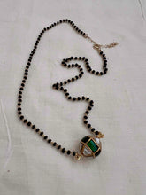 Mangalsutra style black bead chain with kundan & emerald bead pendant-Silver Neckpiece-CI-House of Taamara